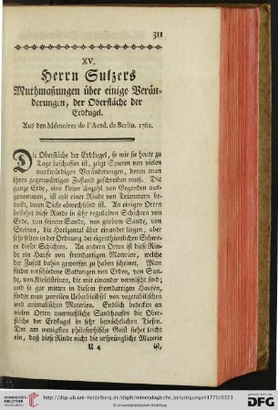 XV. Herrn Sulzers Muthmaßungen über einige Veränderungen, der Oberfläche der Erdkugel