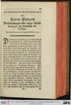 XV. Herrn Sulzers Muthmaßungen über einige Veränderungen, der Oberfläche der Erdkugel