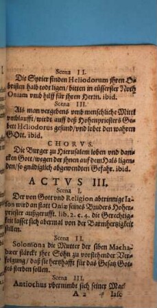 Nemesis : Tragoedia, das ist: Gerechte Straff Gottes Uber den Gottsrauberischen Heliodorum, Verrätherischen Jasonem, Grimmigen Tyrannen Antiochum ergangen ; genommen auß d. 2. Buch d. Machab