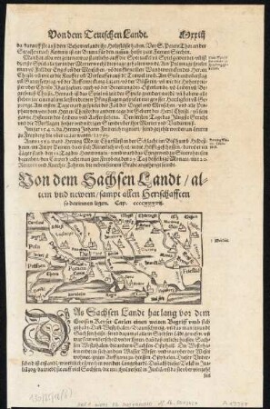 Karte von Nord- und Mitteldeutschland, Holzschnitt, um 1580 : Von dem Sachsen Landt : altem und newem / sampt allen Herrschaften so darin ligen / [Münster exc.]. - [Basel] , [um 1580]. - 1 Blatt : Holzschnitt ; Blattgröße 32 x 21 cm, Bildgröße 7 x 14 cm // Karte und Text ; S oben, ohne Kt.-Netz, Angabe des Wenden-Gebiets (Zeichenerklärung am rechten Kartenrand) ; Kopft.