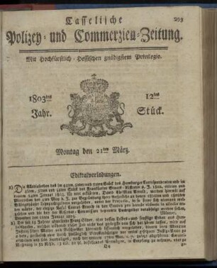12tes Stueck, Montag den 21ten Maerz 1803