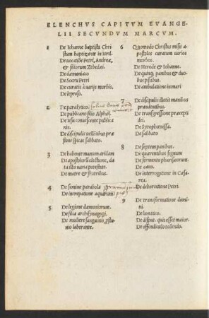 Elenchus Capitum Evangelii Secundum Marcum.