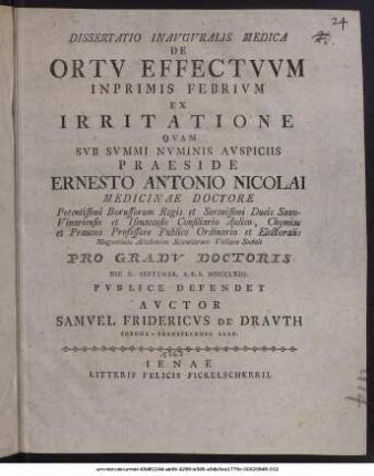 Dissertatio Inauguralis Medica De Ortu Effectuum Inprimis Febrium Ex Irritatione