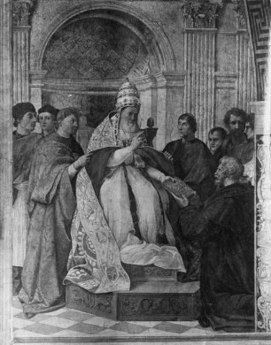 Malerische Ausstattung — Gregor IX. überreicht die Decretalien einem Rat