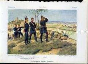 Uniformdarstellung, Offiziere der Infanterie, Adjutant des Ulanen-Regiments, Generalstabsoffizier und General, Preußen, 1910/1912. Tafel 18 aus: Knötel: Preußen, Unser Heer.