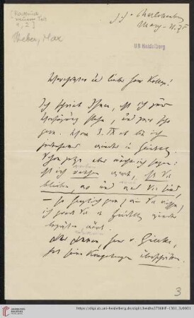 Nachlass Gustav Radbruch. Korrespondenz Max Weber/Gustav Radbruch: Brief von Max Weber an Gustav Radbruch