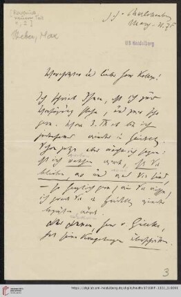 Nachlass Gustav Radbruch. Korrespondenz Max Weber/Gustav Radbruch: Brief von Max Weber an Gustav Radbruch