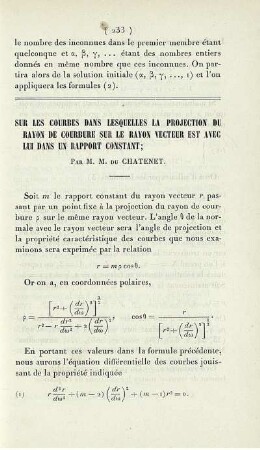 Sur les courbes dans lesquelles la projection du rayon de courbure sur le rayon vecteur est avec lui dans rapport constant.