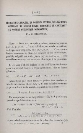 Résolution compléte, en nombres entiers, de l'équation générale du second degré, homogène et contenant un nombre quelconque d'inconnues.