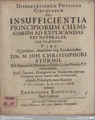 Dissertationem Physicam Circularem De Insufficientia Principiorum Chemicorum Ad Explicandas Res Naturales