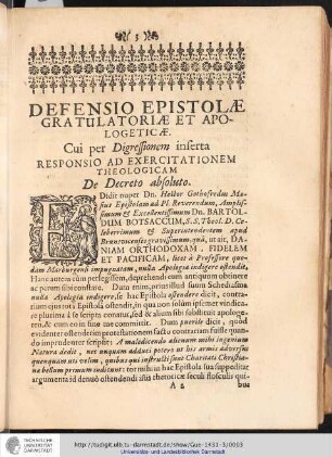 DEFENSIO EPISTOLAE GRATULATORIAE ET APOLOGETICAE. ...