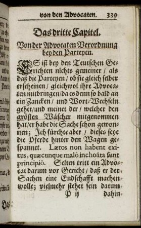 Das dritte Capitel. Von der Advocaten Verordnung bey den Parteyen.