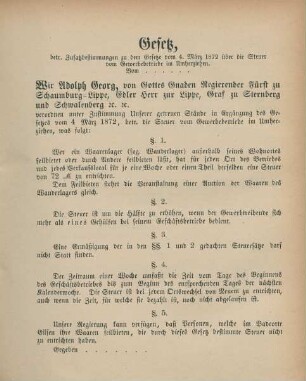 Gesetz, betr. Zusatzbestimmungen zu dem Gesetze vom 4. März 1872 über die Steuer vom Gewerbebetriebe im Umherziehen