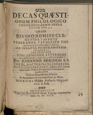 Decas Quaestionum Philologico Theologicarum Super Dictum Gen. 3, 15