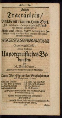 Gromio und Lasso, zweyer Studenten Unvorgreifliches Bedencken/