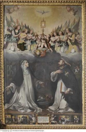 Triumph der Eucharistie mit den Heiligen Katharina von Siena und Petrus Martyr und Szenen ihrer Leben
