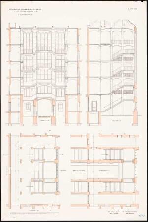 Polizeidienstgebäude, Berlin: Haupttreppe: Grundriss Erdgeschoss, 1. Obergeschoss, Querschnitt und Längsschnitt 1:50