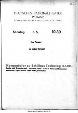 Morgenfeier zu Schillers Todestag (9.5.1805)
