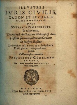 Illvstres Ivris Civilis, Canon. Et Fevdalis Controversiae