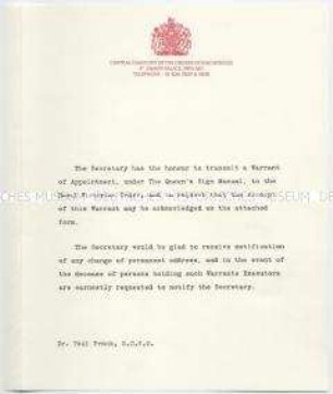 Schreiben zum Königlichen Victoria-Orden (Royal Victorian Order)