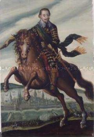 Gustav II. Adolf, König von Schweden (1611-1632) zu Pferde in der Schlacht vor Stralsund 1628