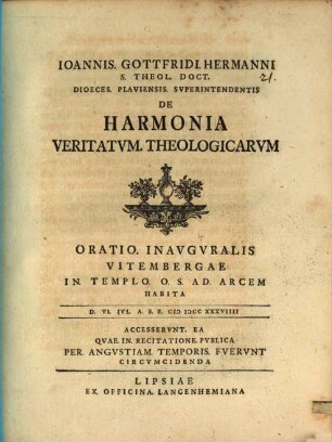 De harmonia veritatum theologicar. Oratio inaug.