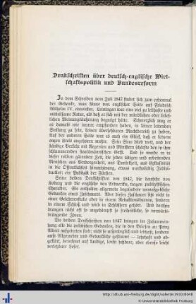 Denkschriften über deutsch-englische Wirtschaftspolitik und Bundesreform.