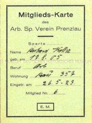 Mitgliedsausweis des Arbeiter-Sportvereins Prenzlau