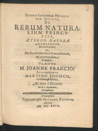 Exercitationum Physicarum Secunda, De Rerum Naturalium Principiis