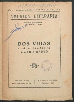 1921000108: Dos vidas y otros cuentos de Amado Nervo