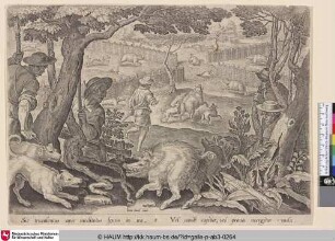 [Boar hunt toward a pit; Wildschweinjagd vor einer Tiergrube]
