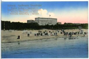 Kolberg (heute: Kolobrzeg / Polen). Kauffmanns Strandhotel mit Ostseestrand