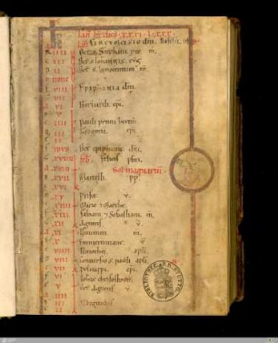Kalendar. Die Monatsseiten mit schmalen Goldrahmen, kleine "K"-Initialen in Gold, Tierkreismedaillons als Unterbrechung der rechten Rahmenleiste