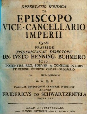 Dissertatio Ivridica De Episcopo Vice-Cancellario Imperii