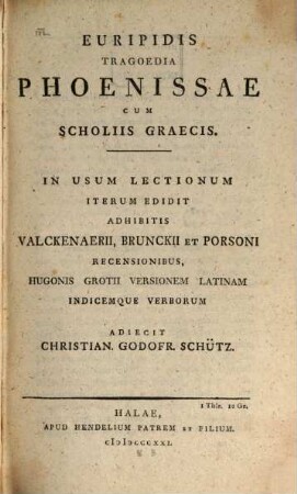 Euripidis Tragoedia Phoenissae : cum scholiis graecis