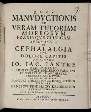 Specimen I.: Manuductionis Ad Veram Theoriam Morborum Praxinque Clinicam Specimen .... Specimen I.