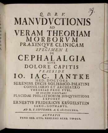 Specimen I.: Manuductionis Ad Veram Theoriam Morborum Praxinque Clinicam Specimen .... Specimen I.