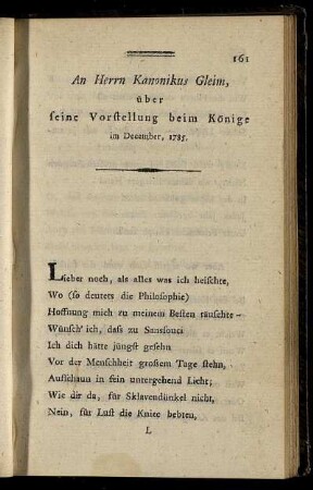 An Herrn Kanonikus Gleim, über seine Vorstellung beim Könige im December, 1785. - An meine Mutter, im July 1785.