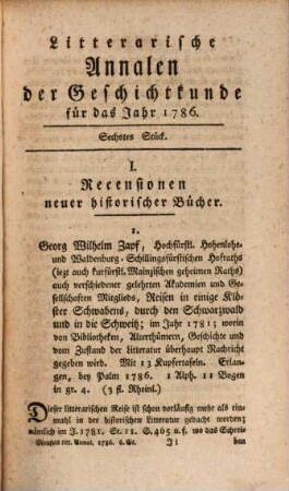 Litterarische Annalen der Geschichtkunde in und außer Teutschland : für das Jahr ..., 6. 1786
