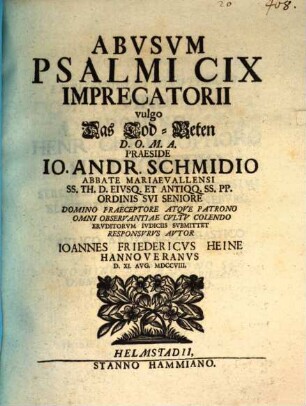 Abvsvm Psalmi CIX Imprecatorii vulgo Das Tod-Beten