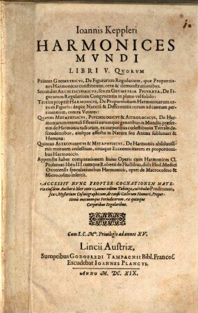 Joannis Keppleri Harmonices Mundi Libri V. : Quorum Primus Geometricus ... Secundus Architectonicus ... Tertius proprie Harmonicus ... Quartus Methaphysicus, Psychologicus & Astrologicus ... Quintus Astronomicus & Metaphysicus ...