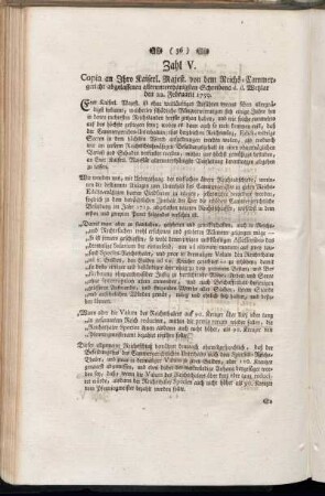 Zahl V. Copia an Ihro Kaiserl. Majest. von dem Reichs-Cammergericht abgelassenen allerunterthänigsten Schreibens d. d. Wetzlar den 22. Februarii 1759.