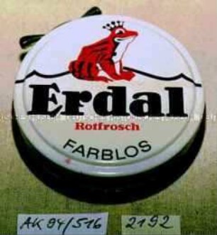 Blechdose mit Verschlusshebel für Schuhputzmittel "Erdal Rotfrosch FARBLOS" (Abbildung eines Frosches) mit Inhalt