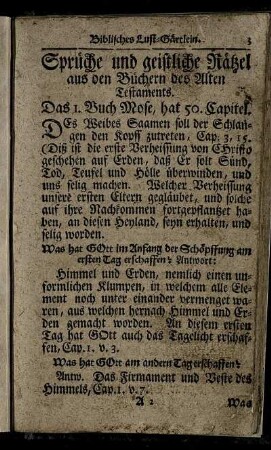 Sprüche und geistliche Rätzel aus den Büchern des Alten Testaments.