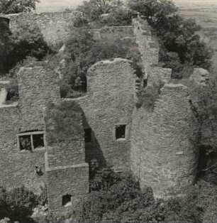 Rheinland. Rheintal. Burgruine Sterrenberg. Blick vom Bergfried zum Palas