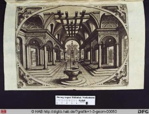 Blick in einen Raum, begrenzt von Kolonnaden und mit verfallenem Deckengewölbe, in der Mitte von Balken bedeckt, im Vordergrund ein Brunnen, in den Ecken Beschlagwerk.