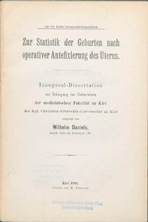 Zur Statistik der Geburten nach operativer Antefixierung des Uterus