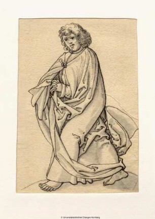 Evangelist Johannes (?) mit gefalteten Händen nach links weit ausschreitend