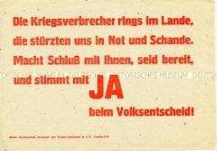 Handzettel mit Losung zum Volksentscheid über die Enteignung der Nazi- und Kriegsverbrecher