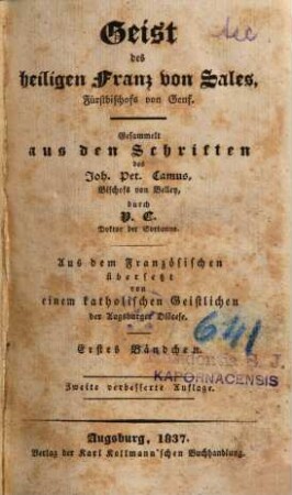 Geist des heiligen Franz von Sales, Fürstbischofs von Genf. 1